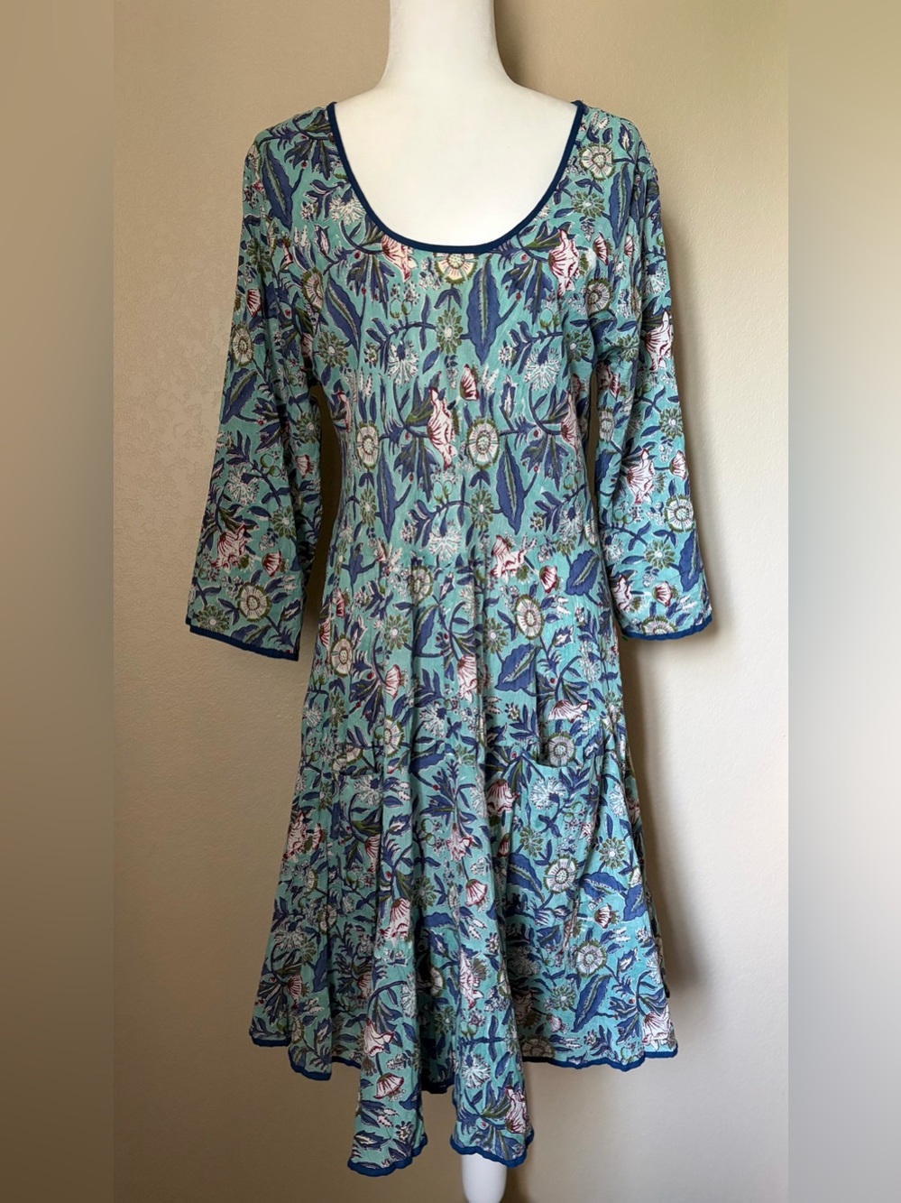 Passementrie Floral Cotton Swing Dress Pocketed Boho Made in India Large
